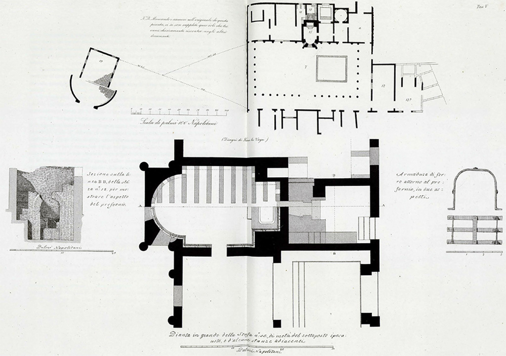 Stabiae, Secondo Complesso, Villa Arianna B. 1775-8 plan of part of the villa by Francesco La Vega published in 1881 by Ruggiero..

Restano tali fabbriche nel territorio di Castellamare, sito detto Varano, nel podere di D. Ignazio Girace, quale fu prima di D. Pietro Girace. Si era già scavata piccola porzione di questa fabbrica dalli primi Luglio 1762 agli ultimi Settembre dello stesso anno. Si è tornato a scavare nel sito contrasegnato alli 2 Maggio 1775.

Remains found in the territory of Castellamare, at the site known as Varano, on the estate of D. Ignazio Girace, which was previously owned by D. Pietro Girace. A small portion of these remains had already been excavated from early July 1762 to late September of the same year. It was excavated again at the site marked on 2 May 1775.

See Ruggiero M., 1881. Degli scavi di Stabia dal 1749 al 1782, Naples, p. 297, Tav. V.